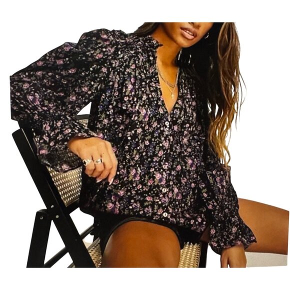 NEW Free People Small Meant To Be Smocked Blouse Floral  Combo Peasant Boho - Picture 2 of 11